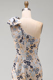 Grey Blue Floral Jacquard One Shoulder Long Mother of the Bride Dress with Bow