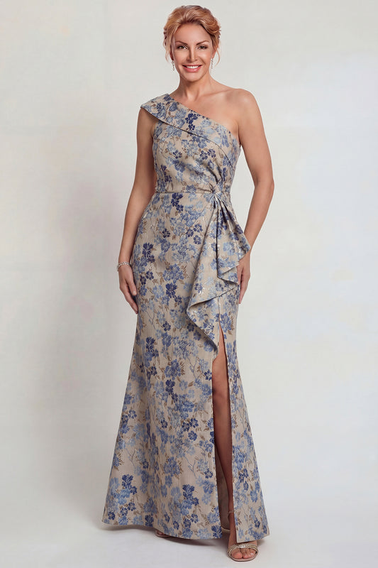 Grey Blue Floral Jacquard One Shoulder Long Mother of the Bride Dress with Slit