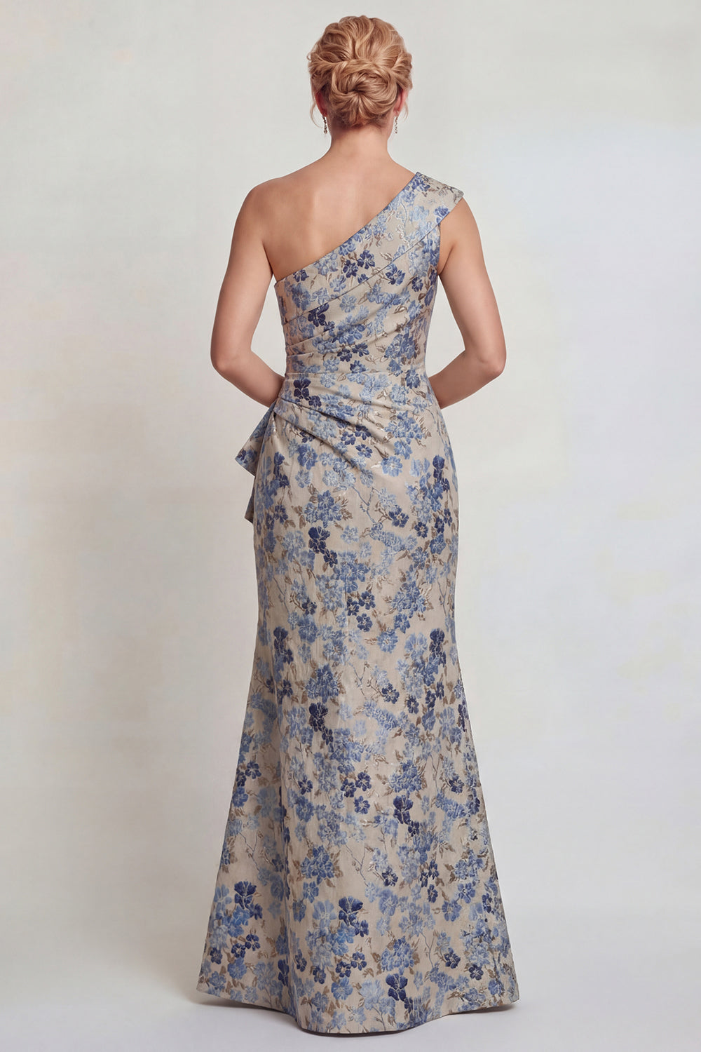 Grey Blue Floral Jacquard One Shoulder Long Mother of the Bride Dress with Slit