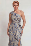 Grey Blue Floral Jacquard One Shoulder Long Mother of the Bride Dress with Slit