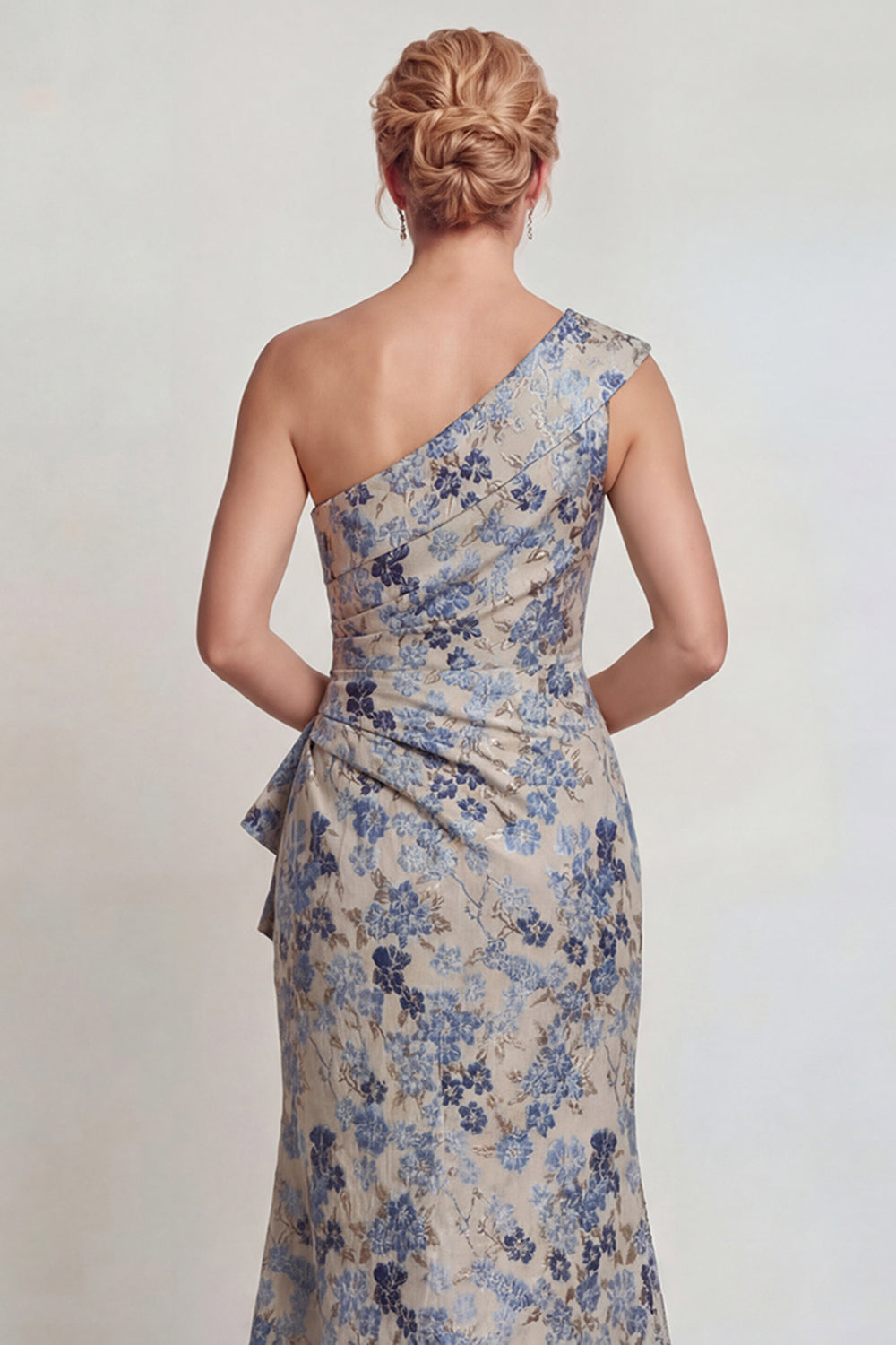Grey Blue Floral Jacquard One Shoulder Long Mother of the Bride Dress with Slit