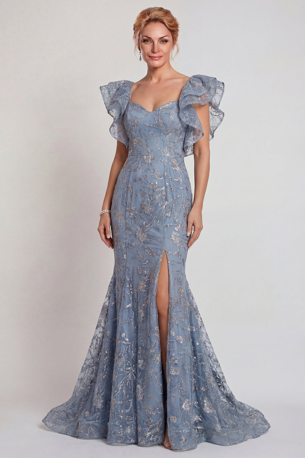 Sparkly Grey Blue Mermaid Ruffled Sleeves Long Mother of the Bride Dress with Slit