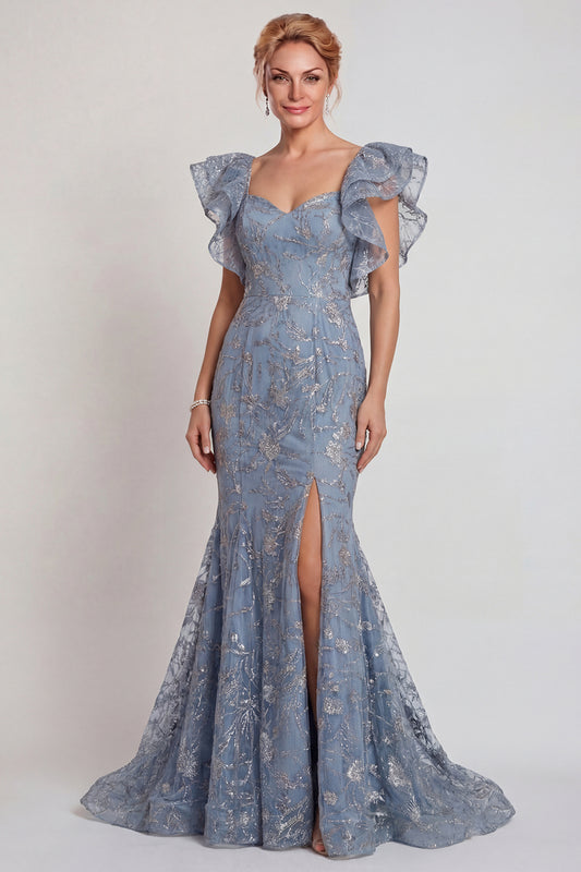 Sparkly Grey Blue Mermaid Ruffled Sleeves Long Mother of the Bride Dress with Slit