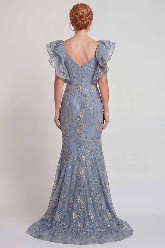 Sparkly Grey Blue Mermaid Ruffled Sleeves Long Mother of the Bride Dress with Slit