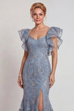 Sparkly Grey Blue Mermaid Ruffled Sleeves Long Mother of the Bride Dress with Slit