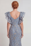 Sparkly Grey Blue Mermaid Ruffled Sleeves Long Mother of the Bride Dress with Slit