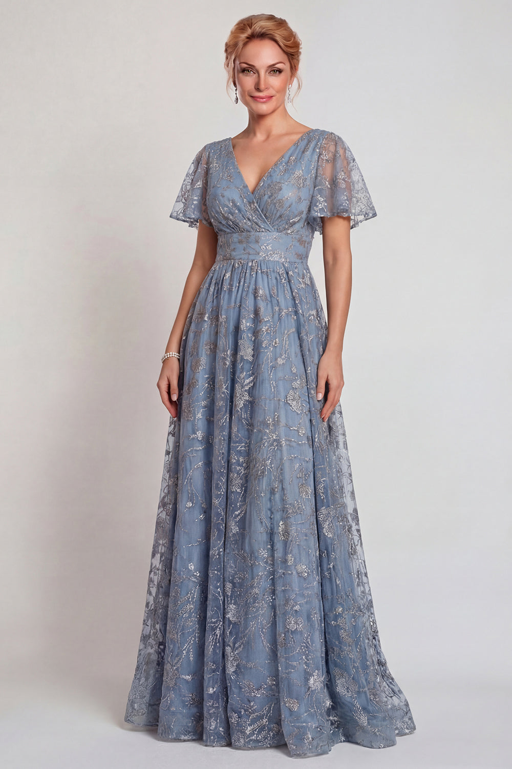 Sparkly Grey Blue V-Neck A Line Long Mother of the Bride Dress with Sleeves