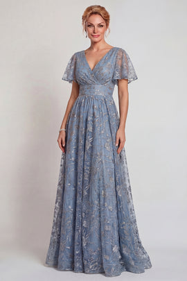 Sparkly Grey Blue V-Neck A Line Long Mother of the Bride Dress with Sleeves