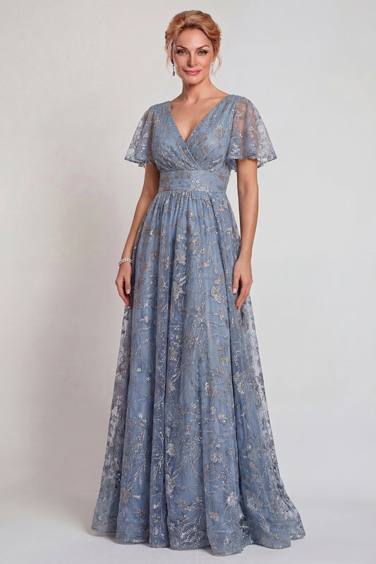 Sparkly Grey Blue V-Neck A Line Long Mother of the Bride Dress with Sleeves