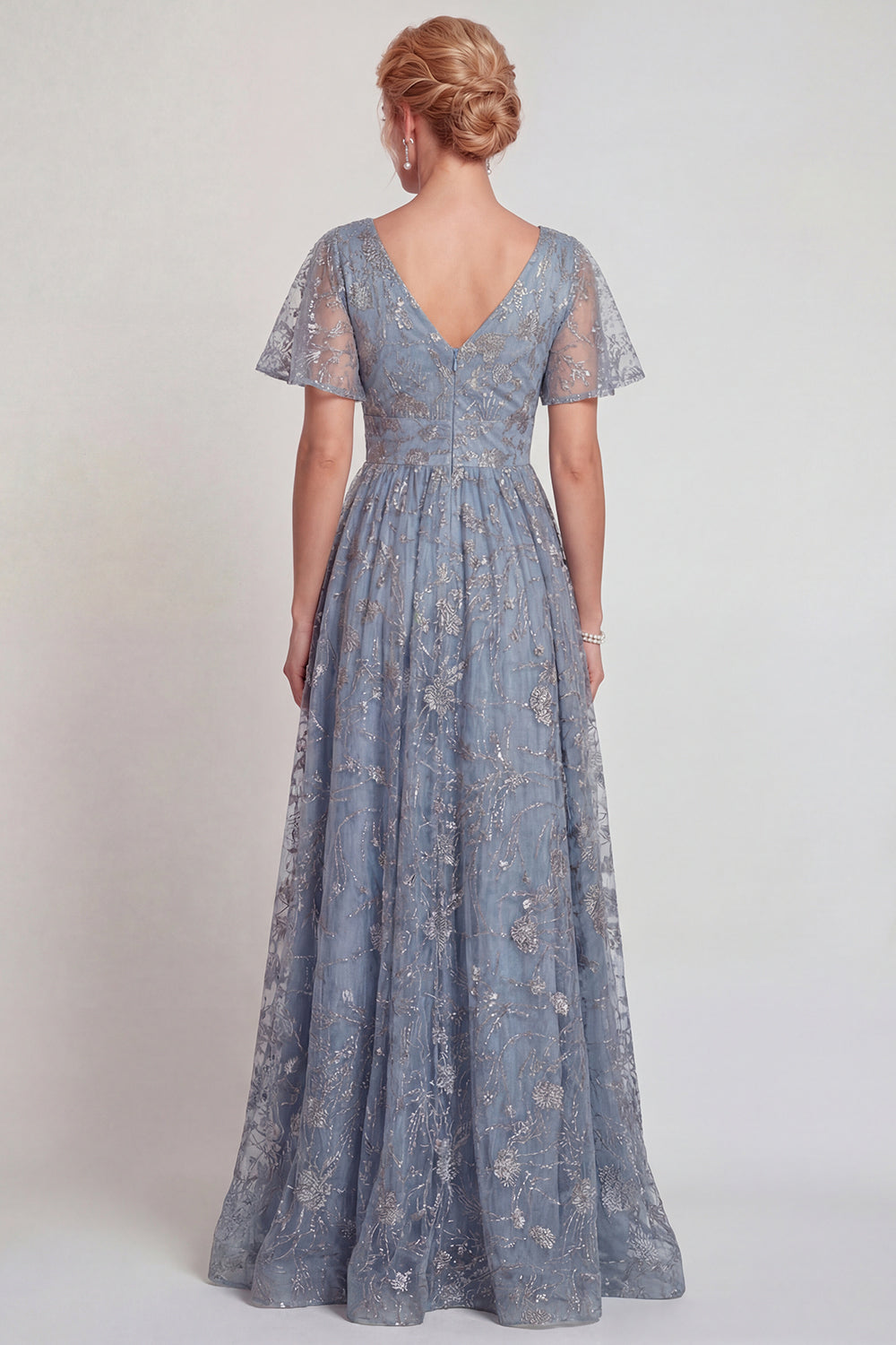 Sparkly Grey Blue V-Neck A Line Long Mother of the Bride Dress with Sleeves