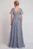 Sparkly Grey Blue V-Neck A Line Long Mother of the Bride Dress with Sleeves