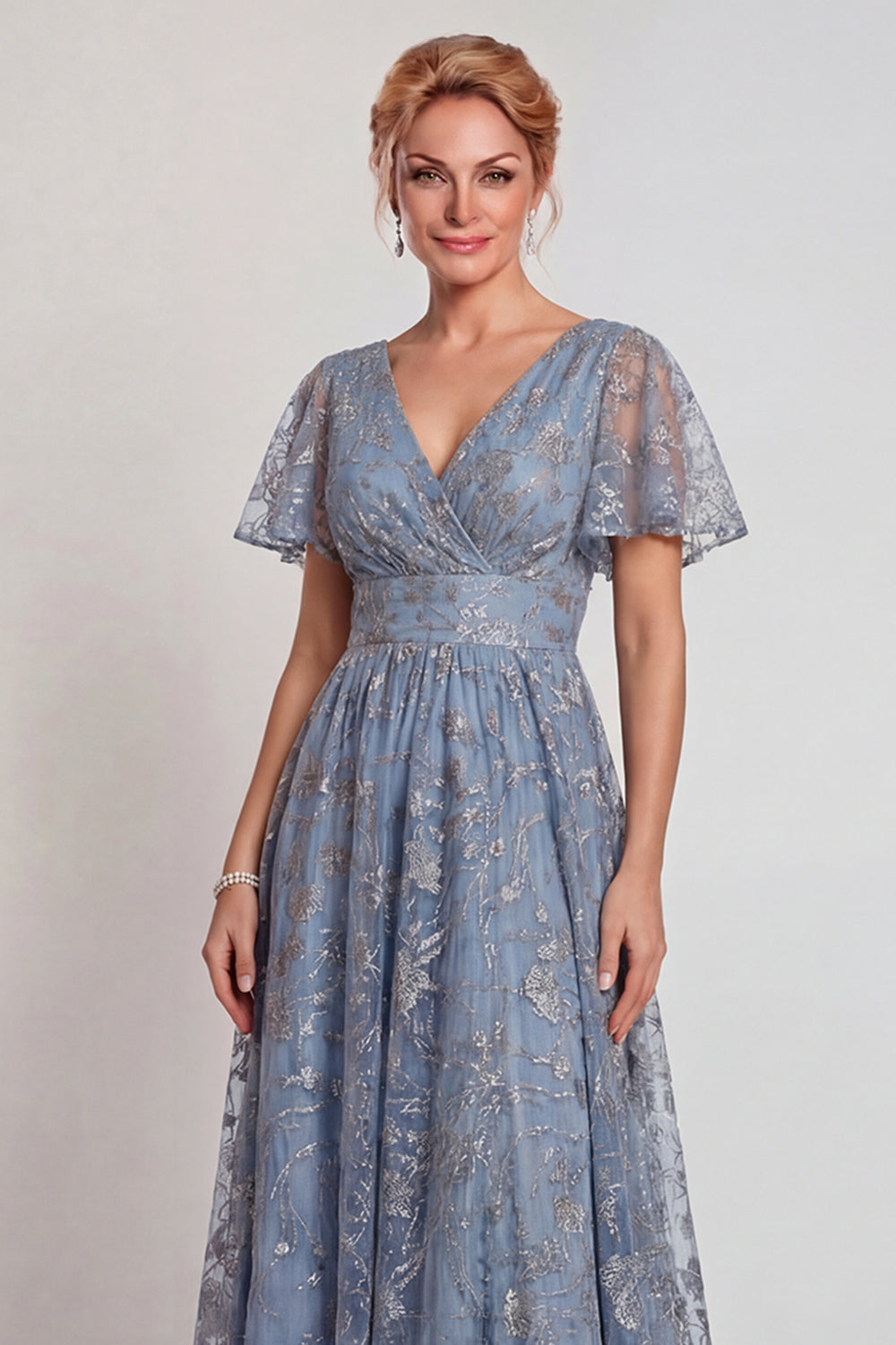 Sparkly Grey Blue V-Neck A Line Long Mother of the Bride Dress with Sleeves