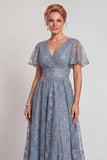 Sparkly Grey Blue V-Neck A Line Long Mother of the Bride Dress with Sleeves