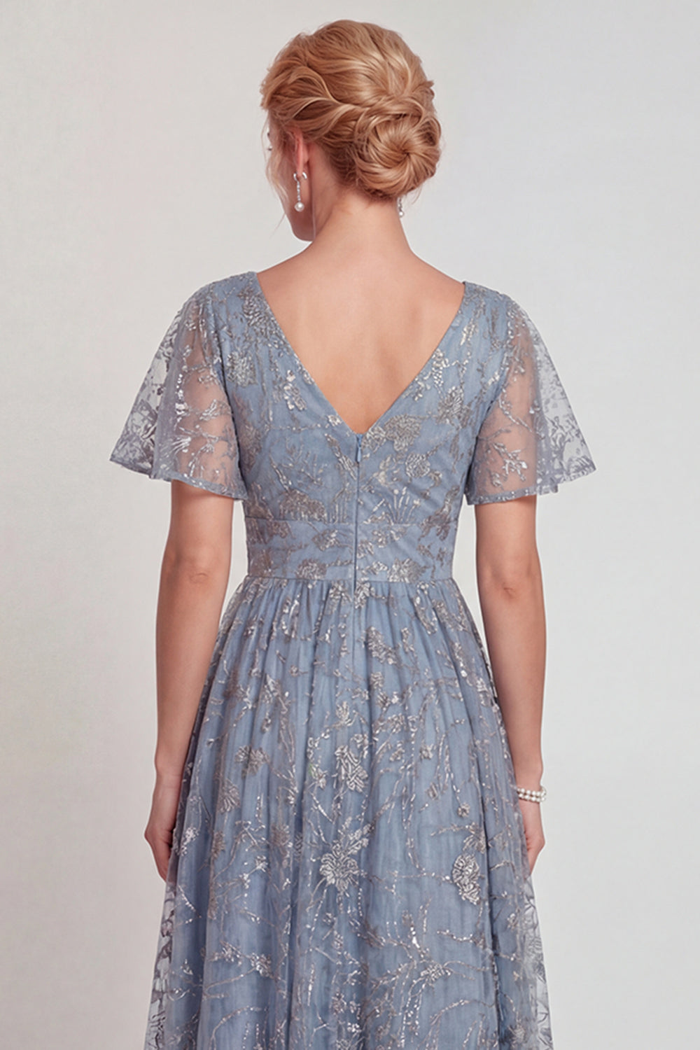 Sparkly Grey Blue V-Neck A Line Long Mother of the Bride Dress with Sleeves