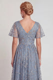 Sparkly Grey Blue V-Neck A Line Long Mother of the Bride Dress with Sleeves