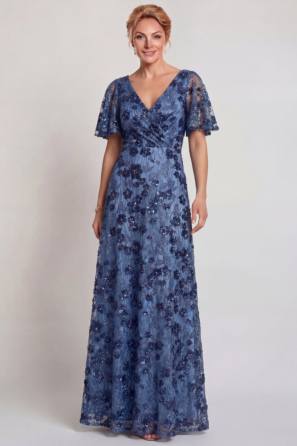 Sparkly Dark Blue Floral V-Neck A Line Long Mother of the Bride Dress with Sleeves