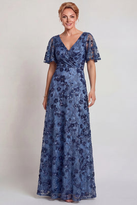 Sparkly Dark Blue Floral V-Neck A Line Long Mother of the Bride Dress with Sleeves