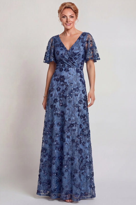 Sparkly Dark Blue Floral V-Neck A Line Long Mother of the Bride Dress with Sleeves