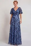 Sparkly Dark Blue Floral V-Neck A Line Long Mother of the Bride Dress with Sleeves