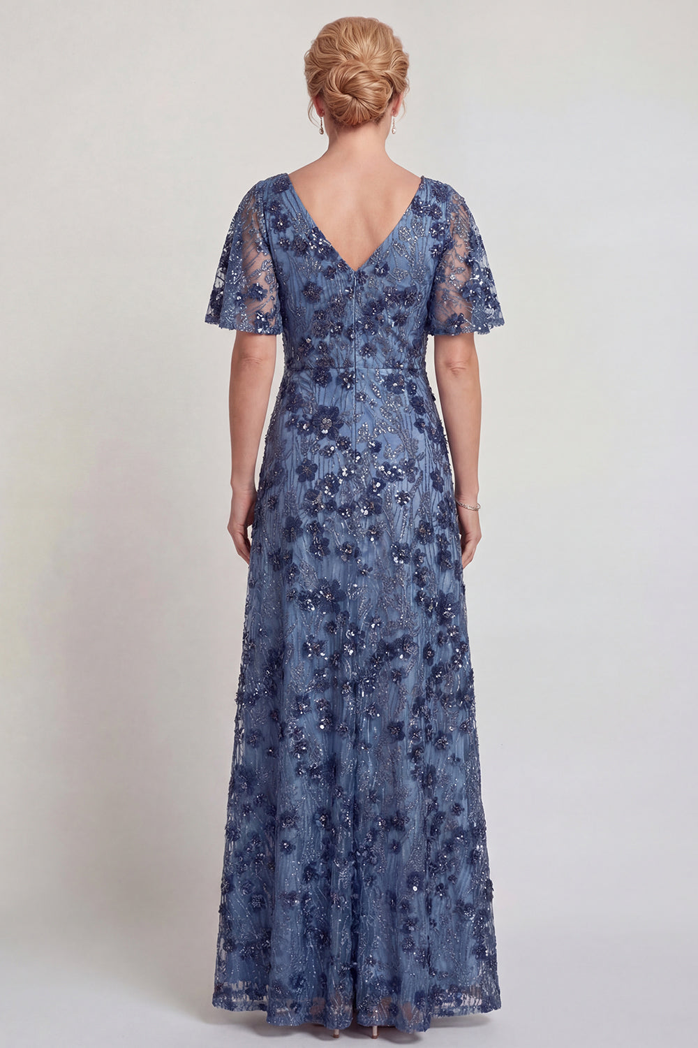 Sparkly Dark Blue Floral V-Neck A Line Long Mother of the Bride Dress with Sleeves