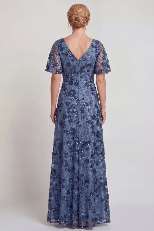 Sparkly Dark Blue Floral V-Neck A Line Long Mother of the Bride Dress with Sleeves