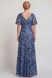 Sparkly Dark Blue Floral V-Neck A Line Long Mother of the Bride Dress with Sleeves