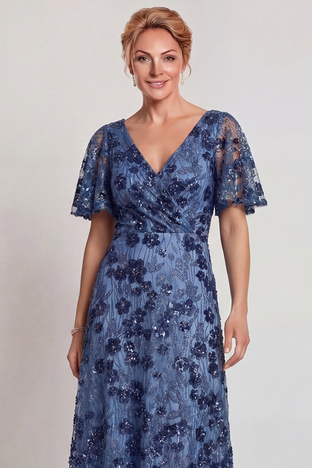 Sparkly Dark Blue Floral V-Neck A Line Long Mother of the Bride Dress with Sleeves