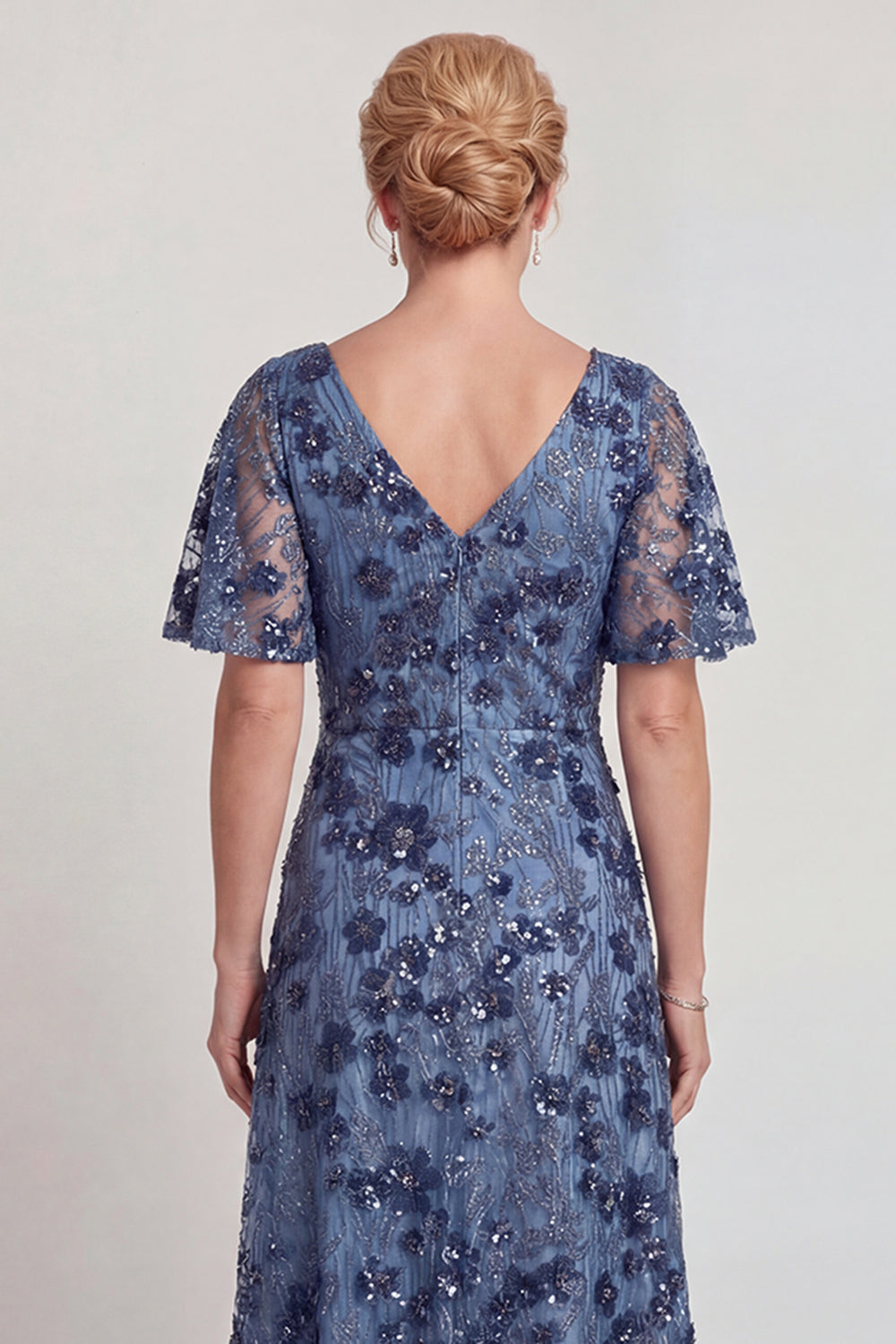 Sparkly Dark Blue Floral V-Neck A Line Long Mother of the Bride Dress with Sleeves