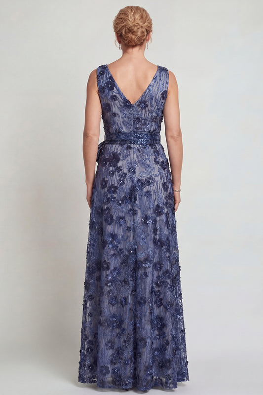 Sparkly Dark Blue Floral A Line V-Neck Long Mother of the Bride Dress with Bow