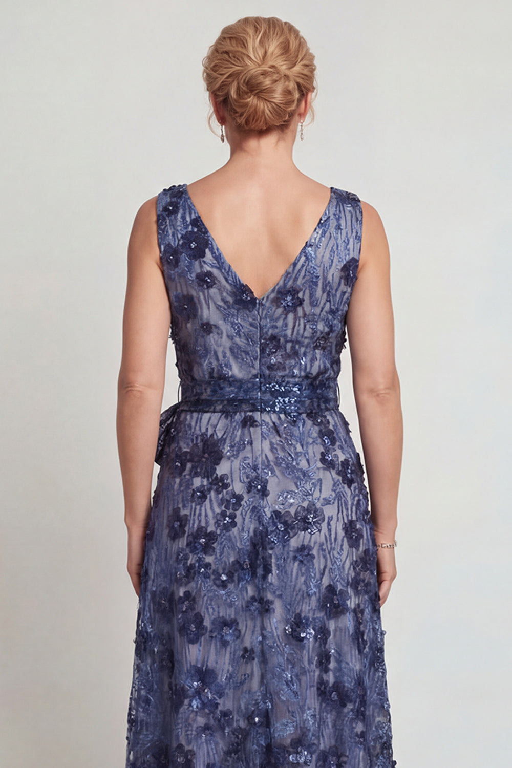 Sparkly Dark Blue Floral A Line V-Neck Long Mother of the Bride Dress with Bow