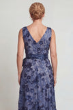 Sparkly Dark Blue Floral A Line V-Neck Long Mother of the Bride Dress with Bow