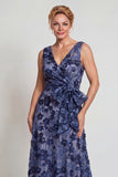 Sparkly Dark Blue Floral A Line V-Neck Long Mother of the Bride Dress with Bow