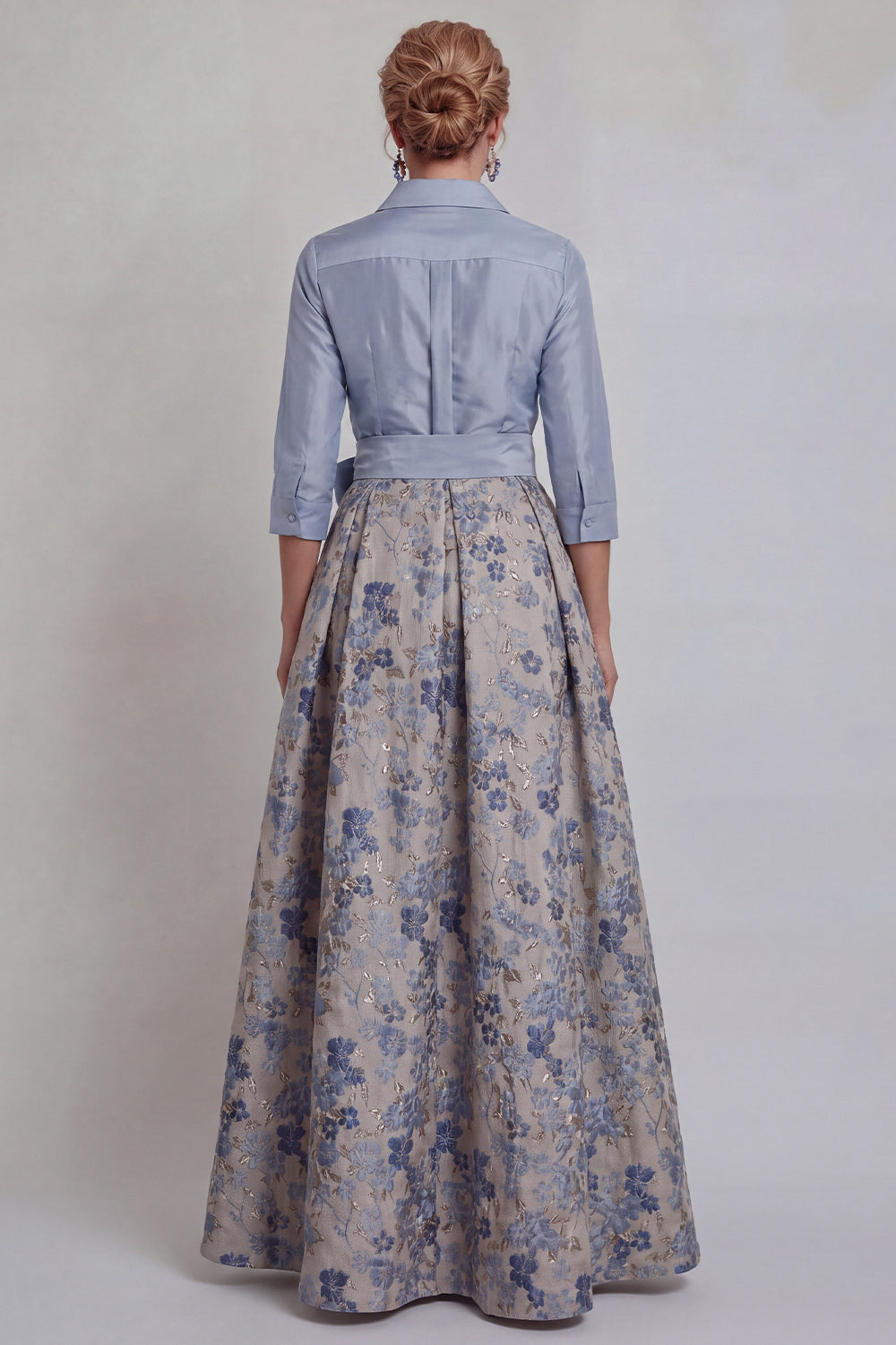 Floral Navy Jacquard A Line 3/4 Sleeves Long Mother of the Bride Dress with Bow