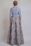 Floral Navy Jacquard A Line 3/4 Sleeves Long Mother of the Bride Dress with Bow