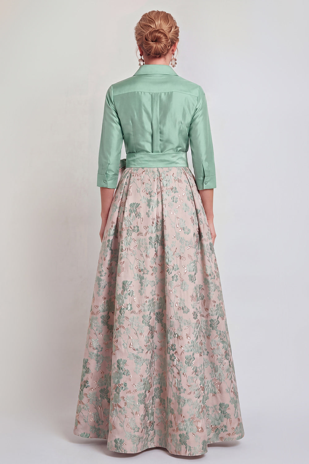 Floral Navy Jacquard A Line 3/4 Sleeves Long Mother of the Bride Dress with Bow