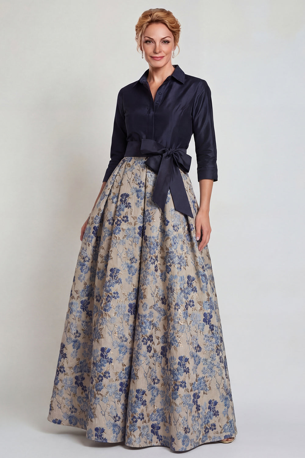 Floral Jacquard Long Mother of the Bride Dress with Bow Shirt Collar A Line 3/4 Sleeves Wedding Guest Dress
