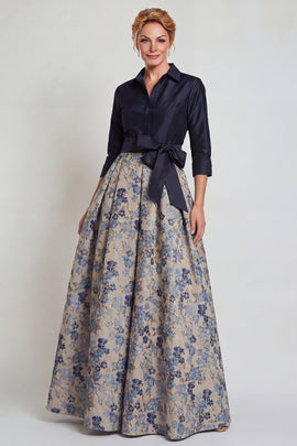 Floral Jacquard Long Mother of the Bride Dress with Bow Shirt Collar A Line 3/4 Sleeves Wedding Guest Dress