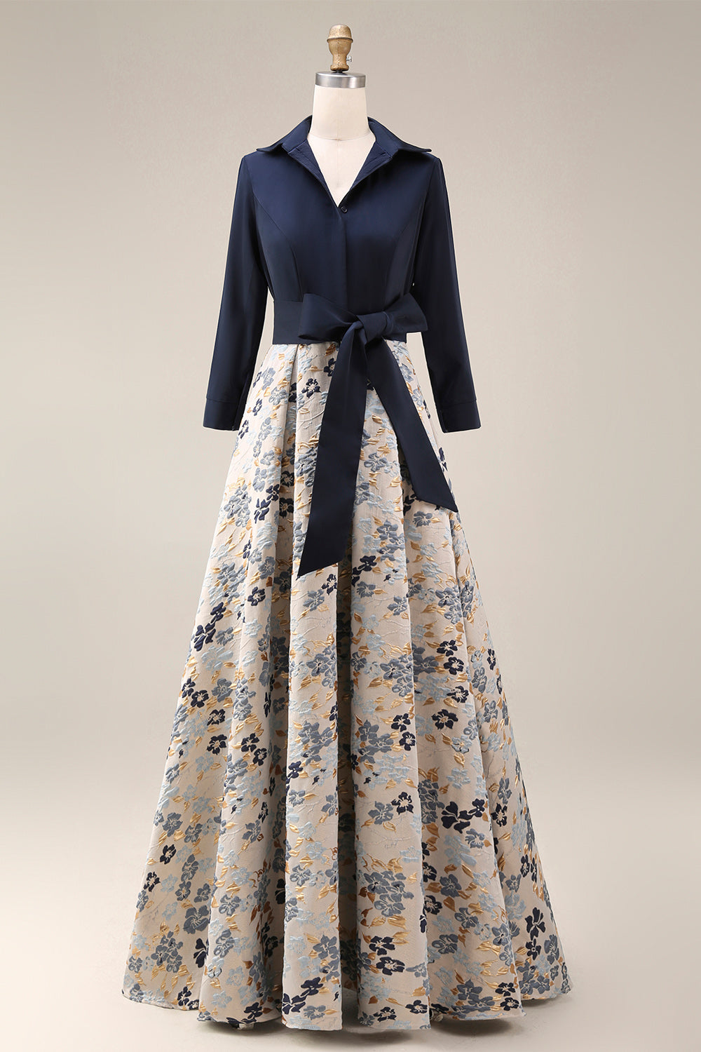 Floral Navy Jacquard A Line 3/4 Sleeves Long Mother of the Bride Dress with Bow