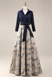 Floral Navy Jacquard A Line 3/4 Sleeves Long Mother of the Bride Dress with Bow