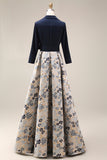 Floral Navy Jacquard A Line 3/4 Sleeves Long Mother of the Bride Dress with Bow