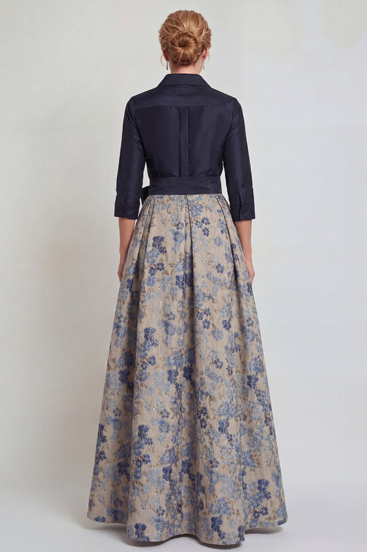 Floral Navy Jacquard A Line 3/4 Sleeves Long Mother of the Bride Dress with Bow
