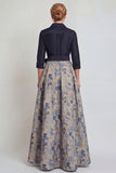 Floral Navy Jacquard A Line 3/4 Sleeves Long Mother of the Bride Dress with Bow