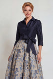 Floral Navy Jacquard A Line 3/4 Sleeves Long Mother of the Bride Dress with Bow