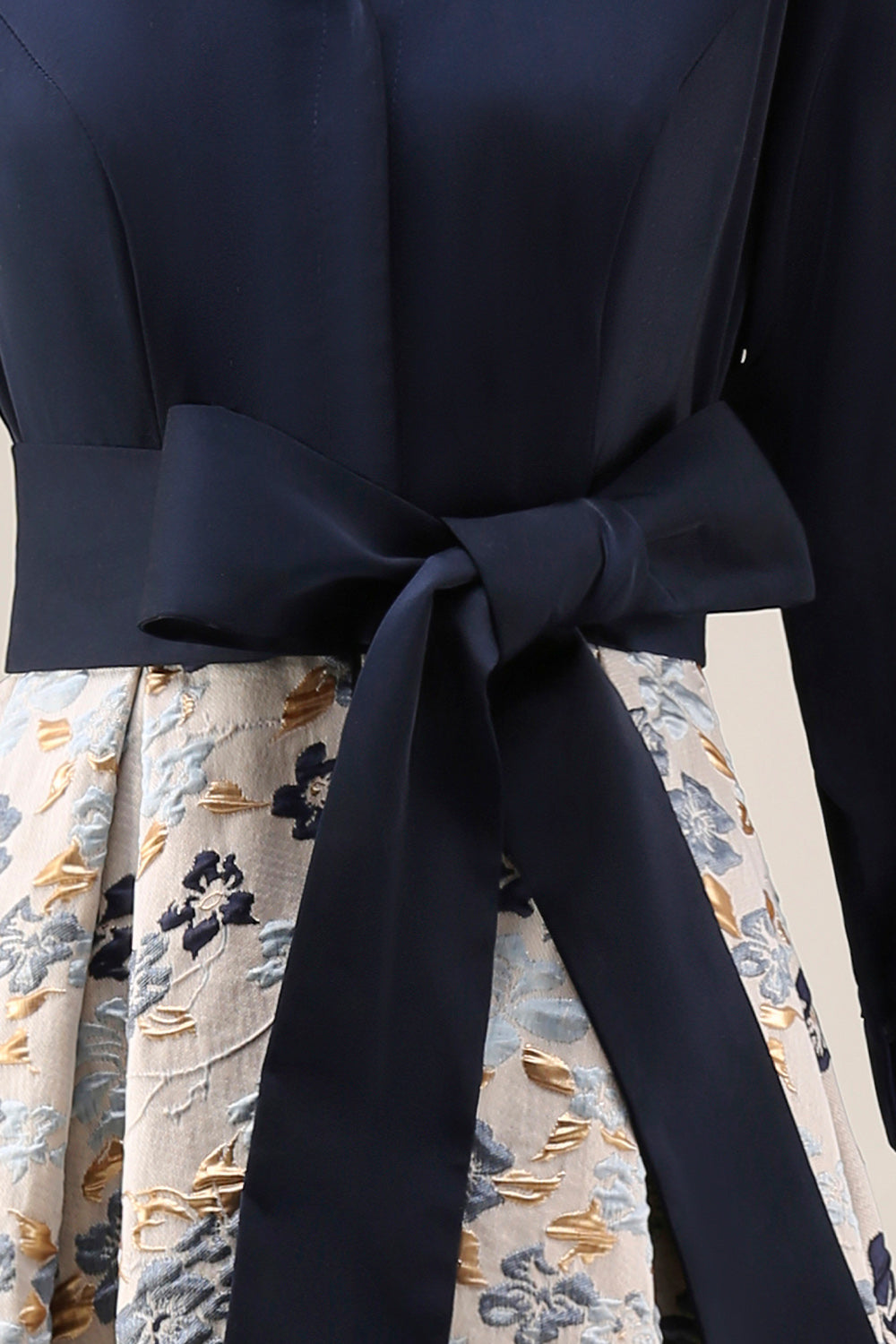 Floral Navy Jacquard A Line 3/4 Sleeves Long Mother of the Bride Dress with Bow