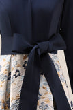 Floral Navy Jacquard A Line 3/4 Sleeves Long Mother of the Bride Dress with Bow