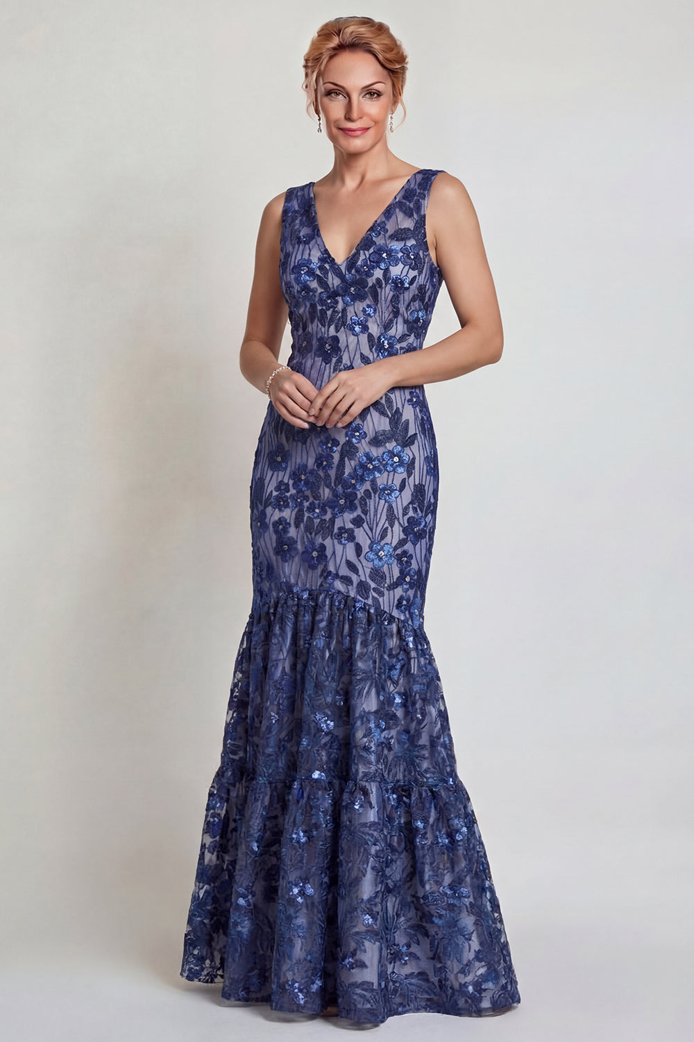 Sparkly Dark Navy Floral Mermaid V-Neck Long Mother of the Bride Dress
