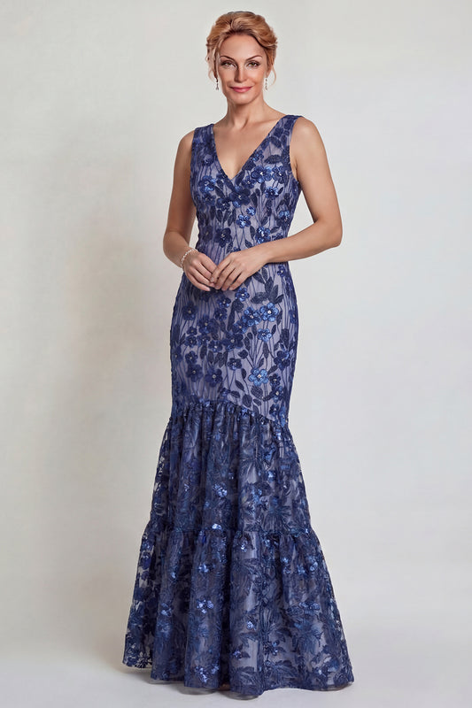 Sparkly Dark Navy Floral Mermaid V-Neck Long Mother of the Bride Dress