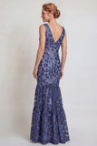 Sparkly Dark Navy Floral Mermaid V-Neck Long Mother of the Bride Dress