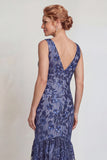 Sparkly Dark Navy Floral Mermaid V-Neck Long Mother of the Bride Dress