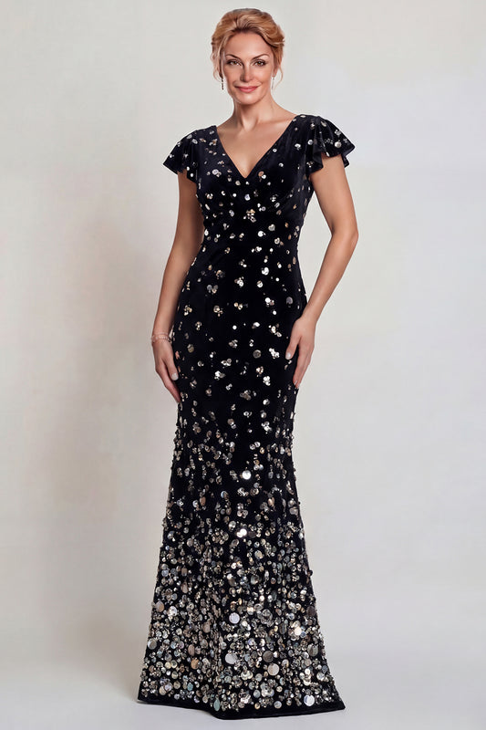 Sparkly Black Silver Mermaid Velvet Sequin Long Mother of the Bride Dress with Sleeves